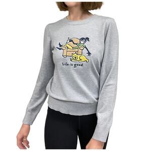 Life Is Good Crewneck Sweater Sz S New $63 Girl & Her Dog Gray Rayon Blend